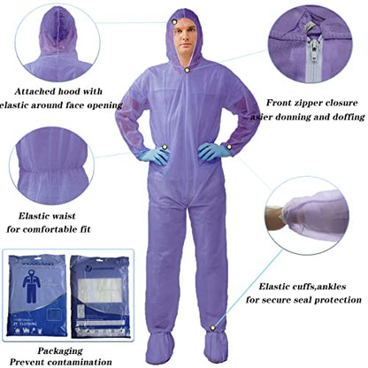 Hazmat Suits,10 Colors Options Disposable Protective Coveralls, Paint Suit with Elastic Wrists Ankles and Hood - color: Purple, size: XX-Large