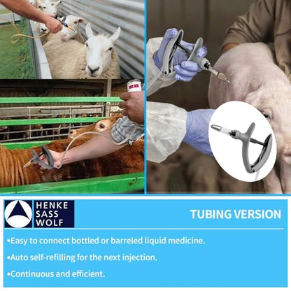 HSW 2ML Auto Self-Refilling Livestock Syringe for Injections, Tubing Connection Veterinary Syringes with Dose Adjustable 0.2 ml – 2.0 ml - size: 2ML Tubing