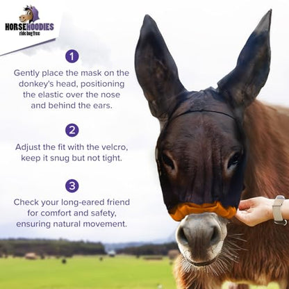 Donkey Fly Mask with Long Ears - (Black) Mini Donkey Fly Mask with Ears Protection from Insects and Bugs, Soft Mesh Fabric with Adjustable Fastener, Flymask for Donkeys Made in USA - color: Black, size: Mini Donkey