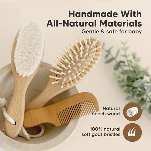 KeaBabies Baby Hair Brush and Comb Set - Soft Goat Bristles, Wooden Brush with Soft Goat Bristle, Soft for Baby's Head and Craddle Cap