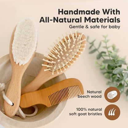 KeaBabies Baby Hair Brush and Comb Set - Soft Goat Bristles, Wooden Brush with Soft Goat Bristle, Soft for Baby's Head and Craddle Cap