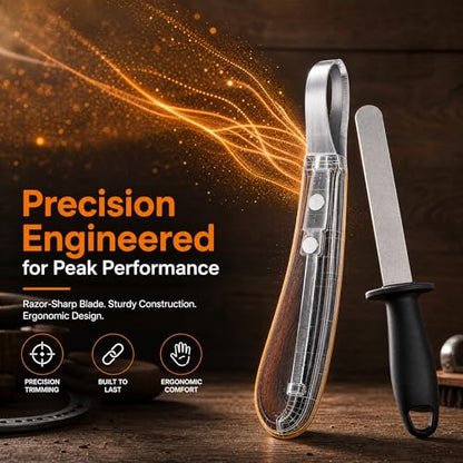 ZENFUN Hoof Knife with Sharpener, Double Edged Hoof Trimming Knife with Wooden Handle & 400/1000 Diamond Grit Rod, 8 Inch Farrier Tool Kit, Stainless Steel Blade Hoof Knife for Horses, Cattle Care