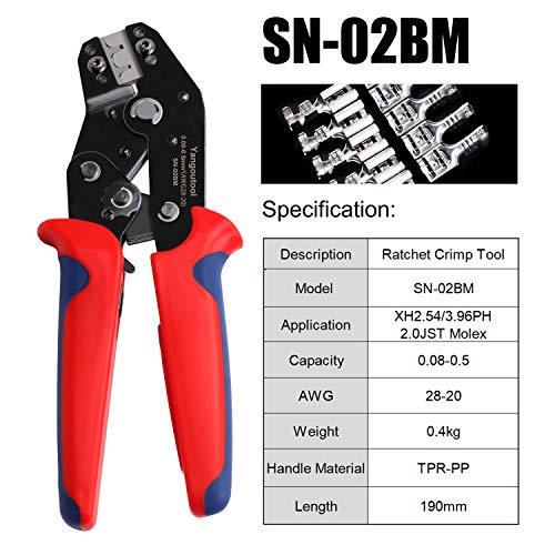Yangoutool JST Crimper: AWG28-20 (0.08-0.5mm²), Compatible with XH 2.54, 3.96, PH2.0, PX, SM, SH, Molex, Dupont Connectors Model SN02BM - style: SN-02BM