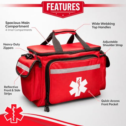 NOVAMEDIC Professional Red Empty Trauma First Aid Medical Bag, 15"x10"x9", Multi Compartment First Responder Carrier for EMT, Paramedics, Emergency and Medical Supplies Kit