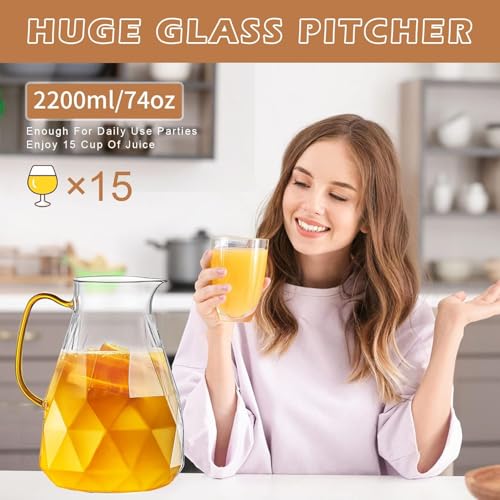 Glass Pitcher, 2.2 Liter Water Pitcher With Lid | Iced Tea Pitcher for Fridge,Carafe With Lid, Glass Water Jug For Juice, Milk, Cold Or Hot Beverages, 2.2 Liter-New - size: 74.7 Ounces