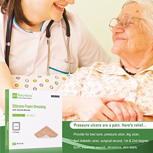NeuHeils Silicone Foam Dressing with Border 6"x6", 5 Pack for Bed Sores | Pressure Ulcers, Leg Ulcers, Surgical Wounds & Skin Tears | High Absorbency, Painless Removal, Waterproof & Cushioned - size: 6''x6'' (Pack of 5)