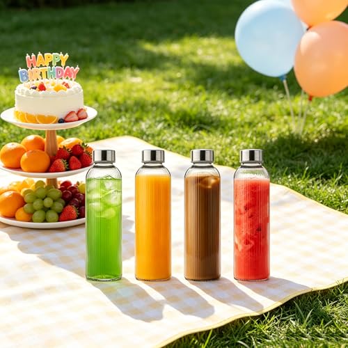 Ribbed Glass Water Bottles with Lids, 18 oz Reusable Juice Bottles with Stainless Steel Lid, 100% Leak Proof, BPA Free, Juicing Beverage Storage Containers for Refrigerator(Set of 8) - color: 8 PACK