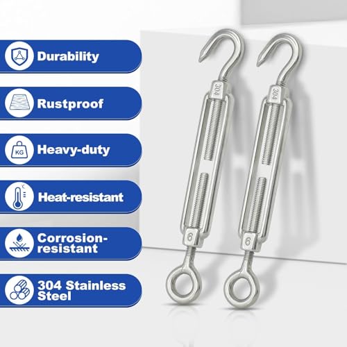 TooTaci 10PCS M6 Turnbuckle, 304 Stainless Steel Turnbuckle Hook and Eye | Turnbuckle Wire Tensioner, 220lb Adjustable Turnbuckles for Cables Wire, Shade, Cable Tightener, Garden Trellis, Clothesline - size: M6 OC-10Pcs