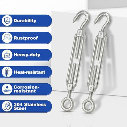 TooTaci 10PCS M6 Turnbuckle, 304 Stainless Steel Turnbuckle Hook and Eye | Turnbuckle Wire Tensioner, 220lb Adjustable Turnbuckles for Cables Wire, Shade, Cable Tightener, Garden Trellis, Clothesline - size: M6 OC-10Pcs