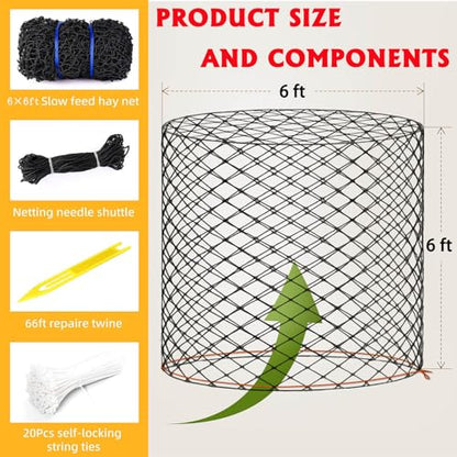 6X6Ft Round Bale Hay Net for Horses,Reduces Hay Waste,Durable Knotless Nylon Slow Feeder, Ideal for Outdoor Use, Holes Fits Round Bales