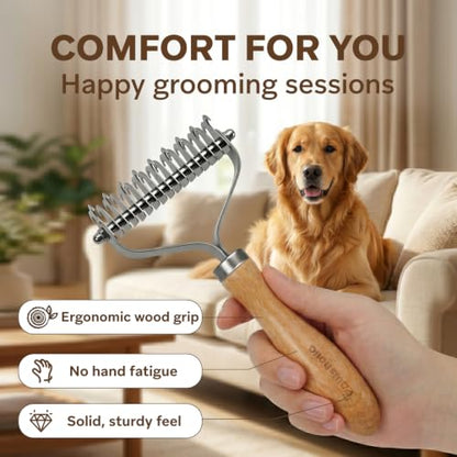 Undercoat Rake for Dogs - Professional Pet Shedding Dematting Comb with Wood Handle, Stainless Steel Blades for Pet Cats Dogs Matted Hair Tangles Removing - style: 2 Sides Dematting Comb