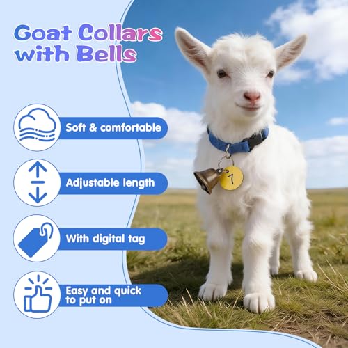 Rosvola Goat Collars, Adjustable Nylon Grazing Collars, Pet Anti-Lost Loud Bronze Bell with Numbered Cards for Farm Goats Sheep Cows Animals (5PCS)