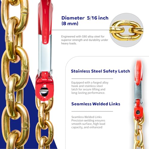 Grade 80 Single-Leg Chain Sling, 5/16 in Chain x 6 ft, WLL 4,400 lb, Oblong Master Link & Clevis Sling Hook - size: 5/16 in x 6 ft