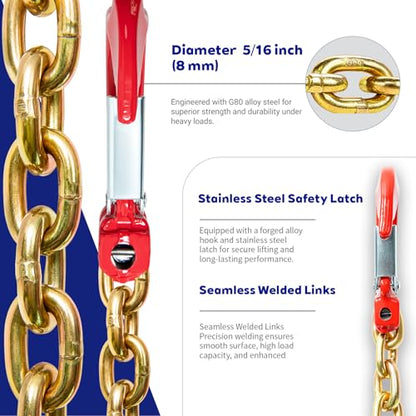 Grade 80 Single-Leg Chain Sling, 5/16 in Chain x 6 ft, WLL 4,400 lb, Oblong Master Link & Clevis Sling Hook - size: 5/16 in x 6 ft