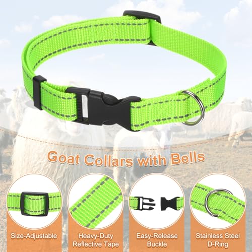 Generic 3-Pack Reflective Goat Collars with Bells, 13.8"-20.5" Polyester Adjustable Pet Collar with Anti-Lost Grazing Copper Bell for Small Farm Animal/Sheep/Cow/Goat [Green]