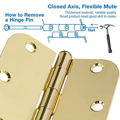 TDCHINGES Rounded Door Hinges 3.5" X 3 1/2 Inch Polished Brass 5/8" 12 Pack - color: Polished Brass-Rounded, size: 12 Pack-no squeak