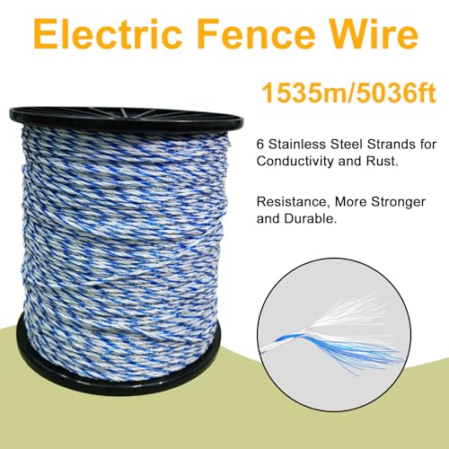 Electric Fence Wire 5036 Feet, 6 Stainless Strands Electric Poly Wire with Rust Resistance and Reliable Conductive, UV Resistant, Portable Electric Wire for Farms, Livestocks, Temperary Fencing - size: 5036FT/1535M