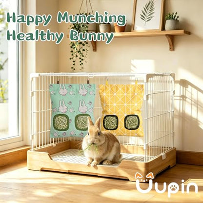 Rabbit Hay Bag 2 Pack - 2 Holes Hanging Bunny Hay Feeder Holder | Guinea Pig Hay Feeder with Metal Hooks, Oxford Cloth Feeding Bag Storage for Chinchillas and Small Animals (Blue Yellow) - color: Blue Yellow