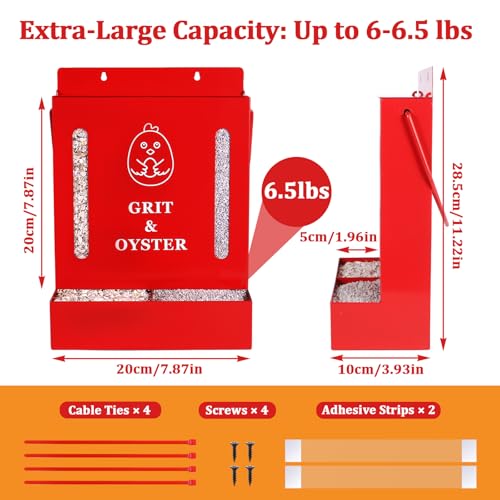 Oyster Shell and Grit Feeder Combo, Metal Chicken Feeder with Viewing Window/Lid, Hanging Gravity Chicken Grit Feeder, Coop Accessories for Healthier Hens and Eggs (Red) - color: Red