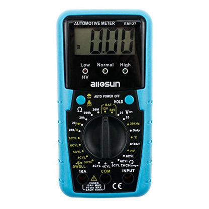 ALLOSUN EM127 Digital Automotive Meter Digital Multimeter RPM Dwell Angel Ignition System Test Duty Cycle Measurement 1999 Reading LCD DCV DC Resistance Measure