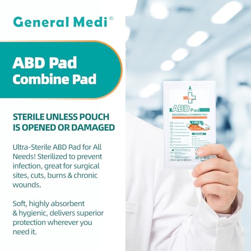 General Medi Sterile Abdominal Combine Pads - 25 Count 5" x 9" Individually Wrapped Absorbent & Thick Pads