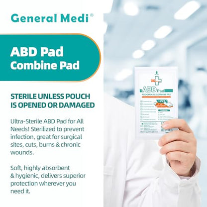 General Medi Sterile Abdominal Combine Pads - 25 Count 5" x 9" Individually Wrapped Absorbent & Thick Pads