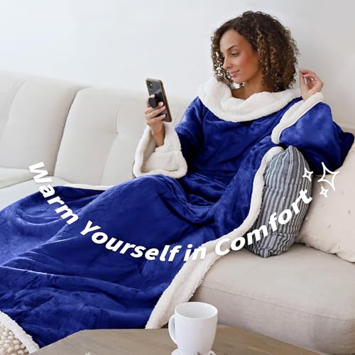 Catalonia Sherpa Wearable Blanket with Sleeves and Pocket for Adults - color: Blue, size: Standard Pocket
