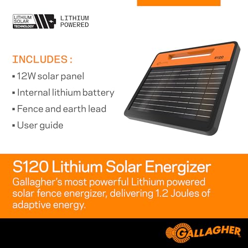 Gallagher S120 Lithium Solar Fence Charger | 1.2 Joule Energizer Powers Up to 35 Miles or 120 Acres | Solar Lithium Iron Phosphate Battery | Adaptive Power Control | Portable and Weather Resistant