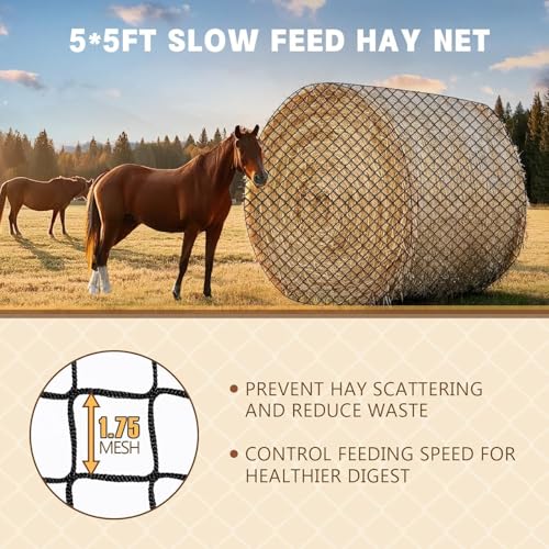 6×6ft Large Round Bale Hay Nets for Horses, 6x6 ft Hay Net for Horses Slow Feed Knotless, Slow Feeder Hay nets for Horses, Fits Round Bales 4x4ft, 5x5ft, 6×6ft, Square Bales 3x3x8ft and 4x4x8ft - size: 6x6 Ft