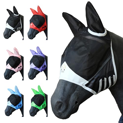 T TEKE Fine Mesh Horse Fly Mask w/Ears, UV Blocking 3D Eye Visor with Extra Fleece Cushioned Forehead, Protection from Insect Pests - color: Black, size: Xfull