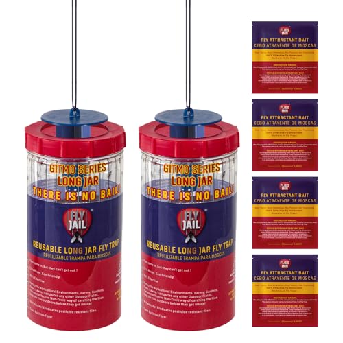 Long Jar Reusable Outdoor Fly Trap with 2 Flies Inn Attractant Baits (2 Pack, 1) - style: 2 PACK