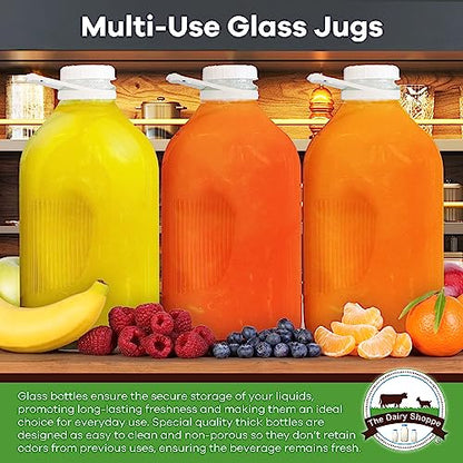 The Dairy Shoppe Heavy Glass Milk Bottles - Jugs with Lids and Silicone Pour Spouts - Clear Milk Containers for Fridge - Reusable Glass Milk Jug Dispenser - Made in USA (64 oz, 2 Pack) - size: 64 Ounces
