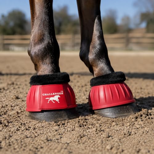 CHALLENGER Horse Training Ribbed Rubber Hoof Impact Overreach Protection Fleece Lined Bell Boots 41HI01 - color: Red, size: Medium