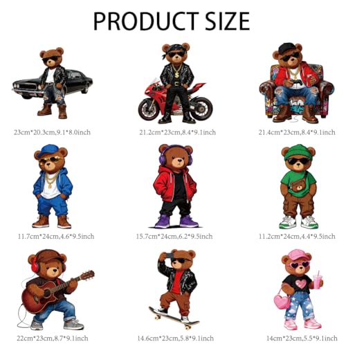 arricraft 9 Sheets Hip-Hop Animal Iron on Stickers, Cartoon Fashion Bear Pattern Print Transfer Stickers Decals for DIY T-Shirt Jeans Backpacks Families Clothing Hat Decoration Applique - style: Cartoon Fashion Bear Theme