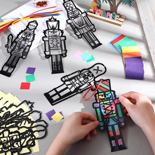 AmazingSpark 30 Pcs Christmas Nutcracker Suncatchers Stained Glass Craft | DIY Paper Crafts with Tissue Sheets for Kids , VBS Classroom Projects, Bulk Art Set for Groups, Xmas Ornament Decor - style: Christmas Nutcracker