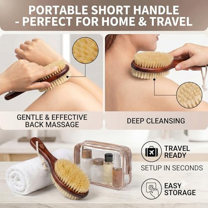 Short-Handle Dual-Sided Bath Massage Brush, Soft Boar & Firm Sisal Bristles, Portable (Red Oak)
