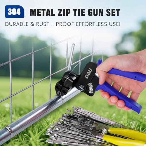 DAU Stainless Steel Cable Tie Gun Kit-150PCS Metal Zip Ties (3 Sizes), Tensioning/Cutting Tool for Fencing, Chicken Coop, Cable Bundling, Exhaust Repair & Structural Reinforcement
