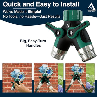 DBR Tech® Hose Splitter 2 Way, Heavy Duty Metal Connector, Two Way Garden Hose Splitter, High Flow Spigot Faucet Bib Adapter, Solid Double Y Shut Off Valve for Outdoor Gardening Hoses, Green - color: Green