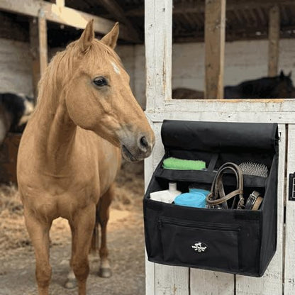 Stall Front Organizer Bag, Black, Multi-Compartment Storage, Horse Grooming Supply Holder with Top Loading Design