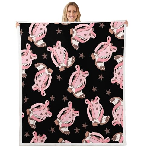Erosebridal Pink Western Sherpa Blanket for Cowgirls Fleece Blanket Throw 50"X60",Black and Pink Fuzzy Plush Throw,Cow Print Boots Throw Blankets for Kids Teen Girls Rustic Room Decor - color: Balck,pink, size: Throw
