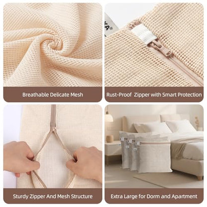 100% Pure Cotton Mesh Laundry Bags, Premium Soft, No Dye, Natual,Set of 3(XXL) - size: XX-Large