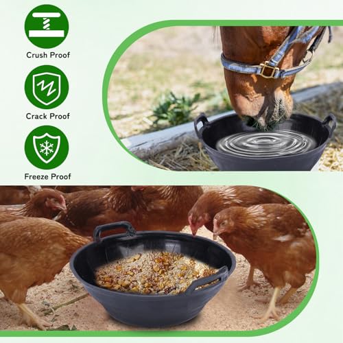 4 Pack 3.1 Gallon Rubber Feed Pan with Handle,Multi-Purpose Flexible Rubber Bucket Pan,Animal Feeding Trough & Dust Bath Container for Horses,Goats,Chickens,Pig,Farm,Garden,DIY