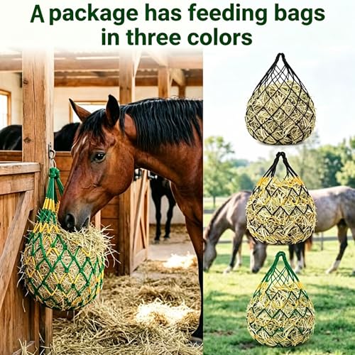 3 PCS Hay Bags for Horses with Carabiners - Heavy Duty Slow Feeder Hay Nets, 2.3-Inch Hole for Horses & Goats, Reduces Waste, Stall Trailer Pasture