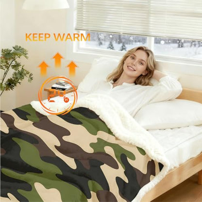 Sleepwish Green Camouflage Sherpa Blanket Throw 50x60 in - color: Army Green Camo, size: Throw