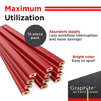 GRAPHITE Hard Lead Carpenter Pencils Bulk - (1) Pack of 12 Pieces Lumber Wooden Pencil #2 (HB) - Red - color: Red, size: 12 Count (Pack of 1)