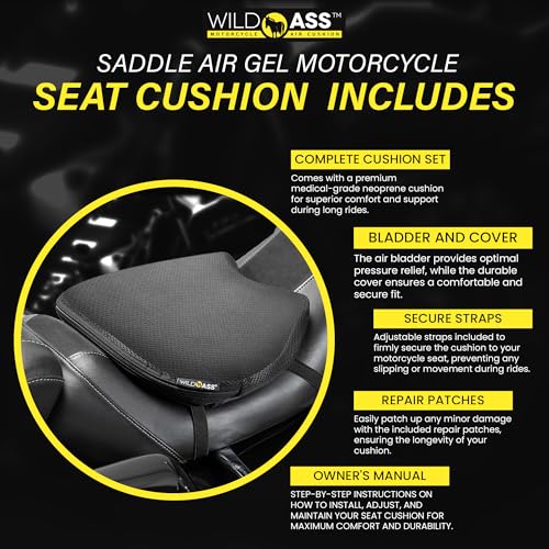 Wild Ass Saddle Airgel – Motorcycle Seat Cushion, Ergonomic Air-Adjusting Pad with Straps, Universal Fit for Ultimate Rider Comfort & Relief, Cool Flow Motorcycle Accessory for Long Rides – Black - style: Air Gel