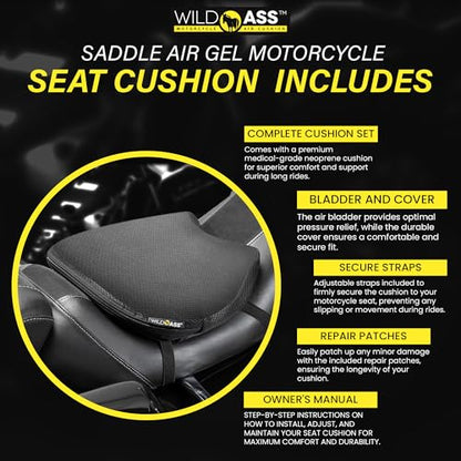 Wild Ass Saddle Airgel – Motorcycle Seat Cushion, Ergonomic Air-Adjusting Pad with Straps, Universal Fit for Ultimate Rider Comfort & Relief, Cool Flow Motorcycle Accessory for Long Rides – Black - style: Air Gel