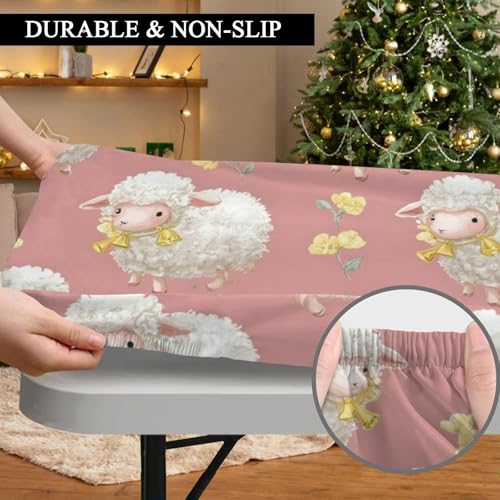 Rectangle Table Cloth,Pink Small Sheep Elastic Fitted Tablecloths 48x30 Inch,Waterproof Windproof Washable Polyester Table Cover for Picnic, Camping, Outdoor