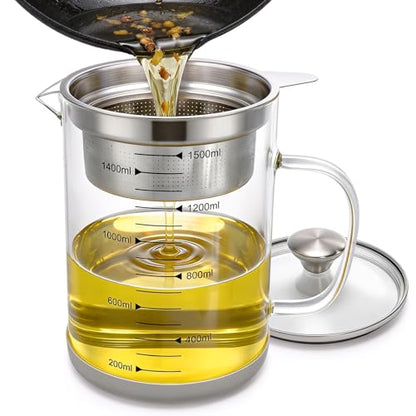 Jucoan Glass Bacon Grease Container with Strainer for Kitchen, 50 oz /1.5L High Borosilicate Glass Greek Yogurt Strainer, MultiFunctional Almond Soy Milk Nut Milk Juice Strainer Filter Pitcher