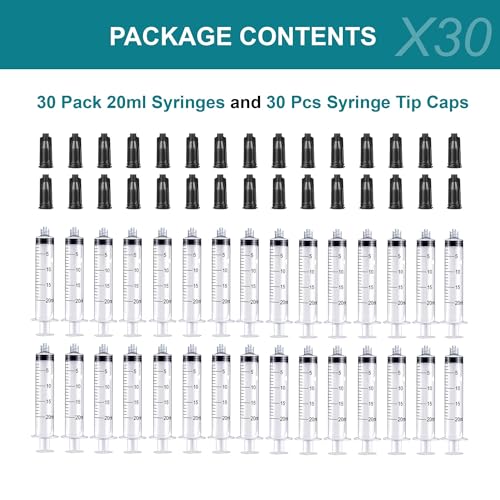 20ml Luer Lock Syringe with Cap, Sterile 5cc Syringes Without Needle, 30Pcs | 30Pack, Individually wrapped 20 ml / cc plastic syringes. Luer lock tip caps prevent liquid leaks. Accurate scale. No needles